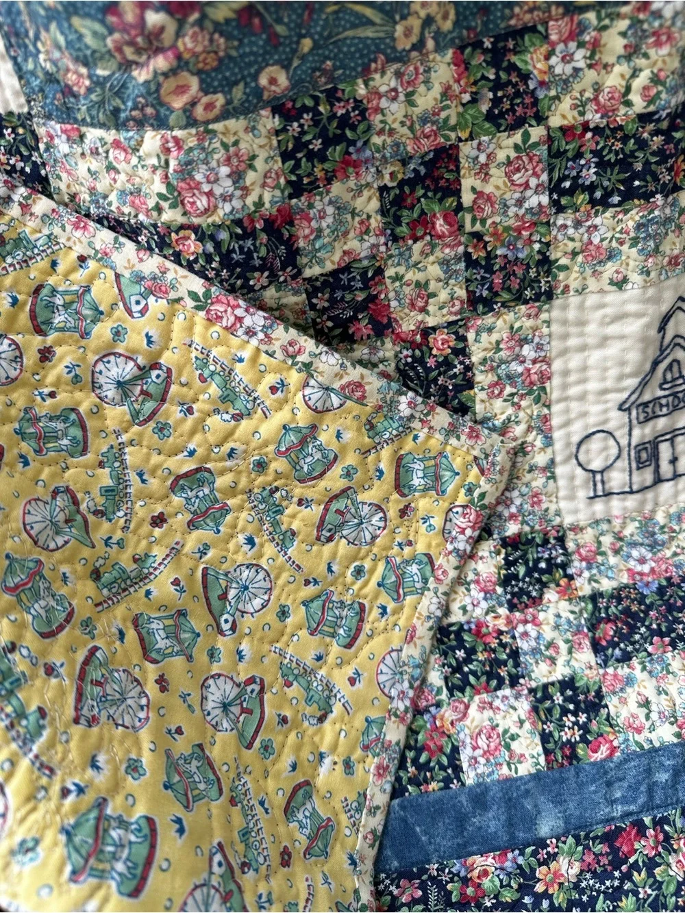 Handcrafted Navy and Cream Floral Quilted Throw